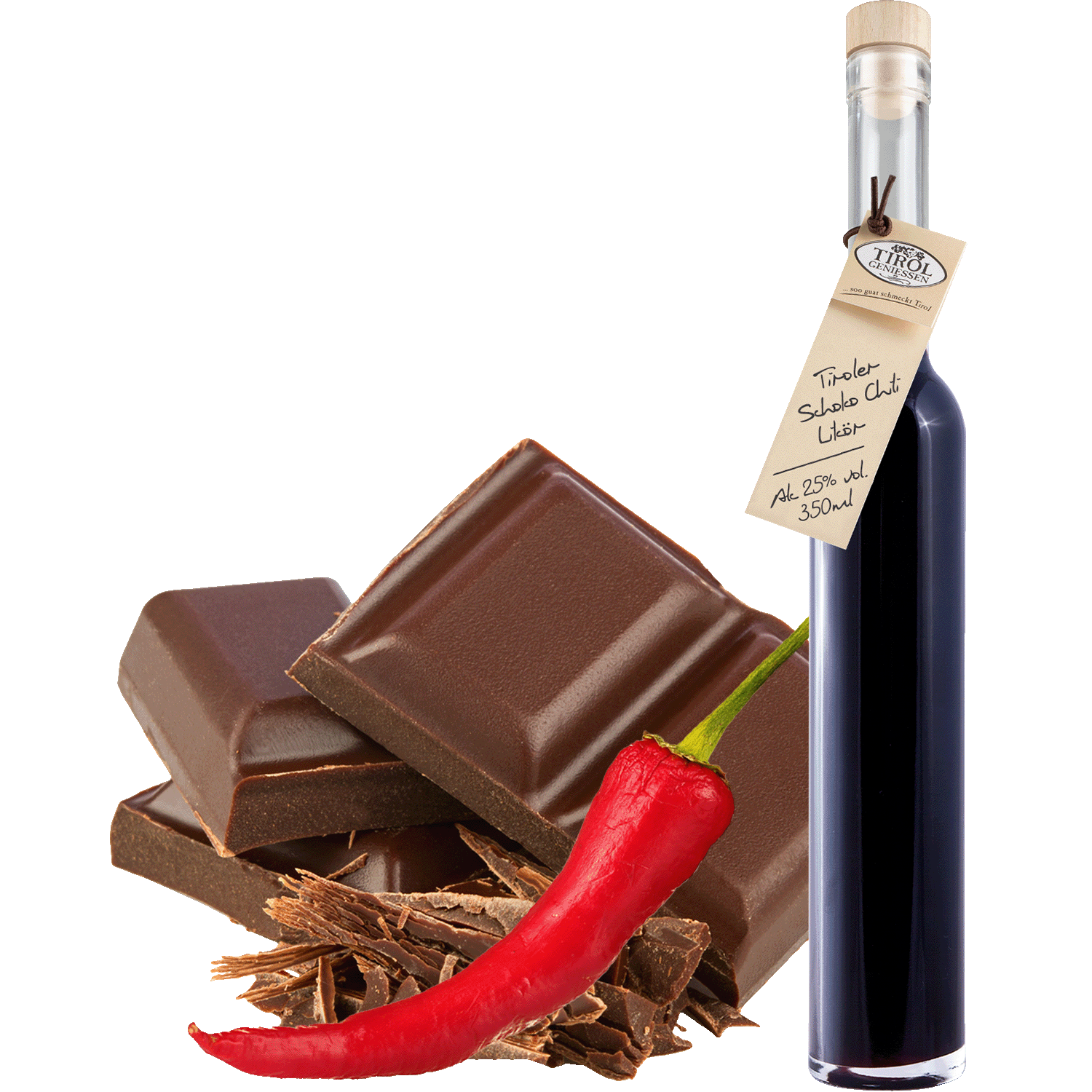 Chocolate Chili Liqueur in gift bottle from Austria from Tirol Geniessen